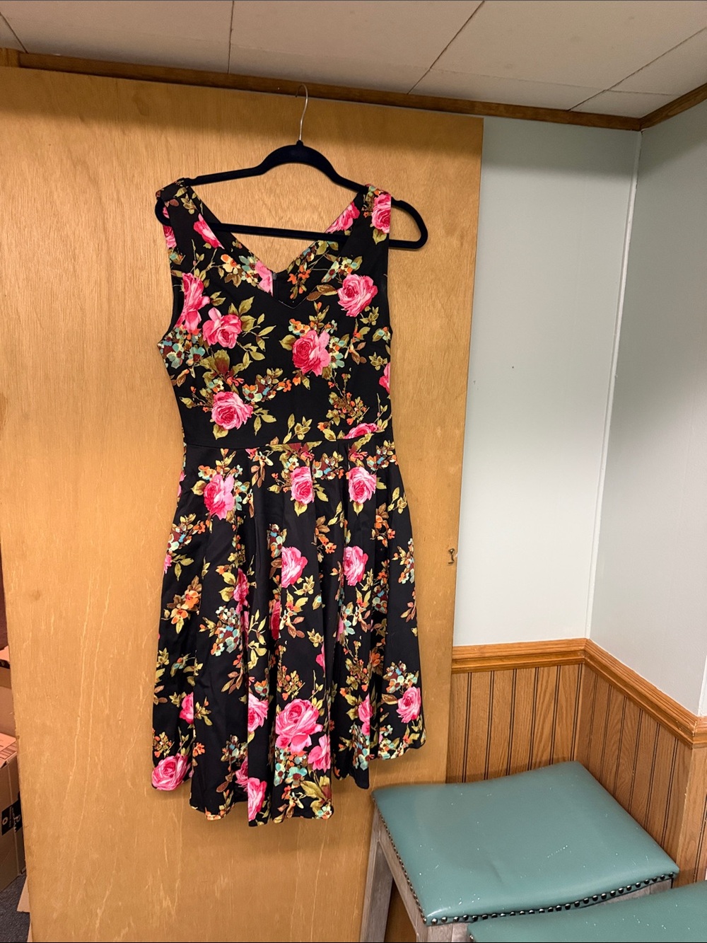 Petrune Black Floral Fit-and-Flare Dress with Pink Rose Print